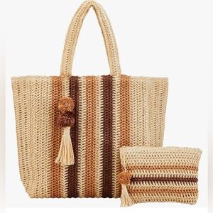 Mud Pie Women 2 Piece Striped Brown Neutral Straw Tote Bag & Clutch Set
